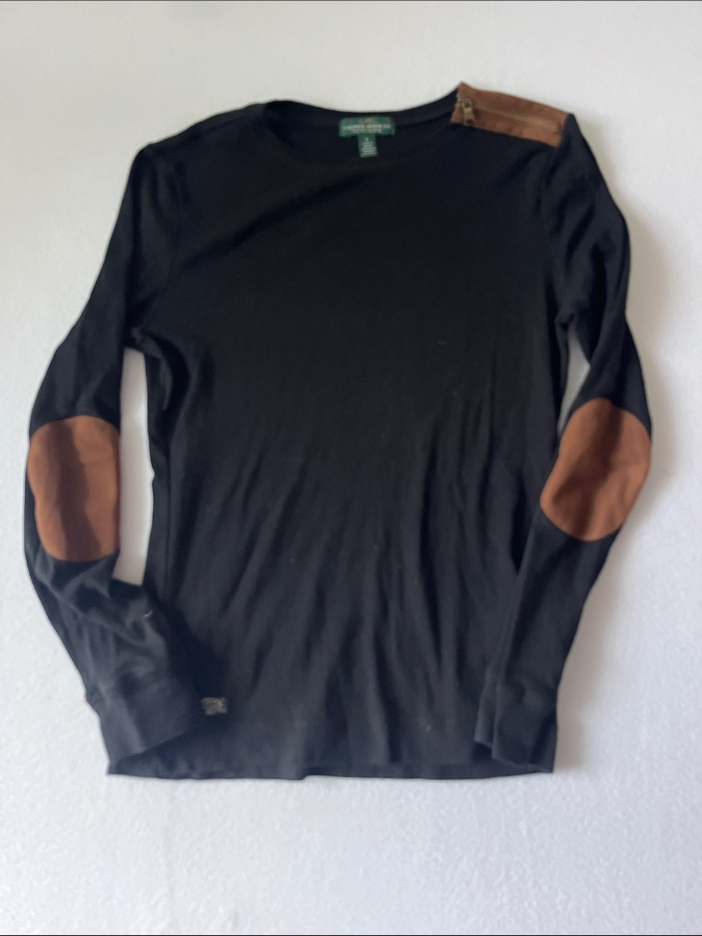 Ralph Lauren Black Long-Sleeve Crewneck with Brown Elbow Patches